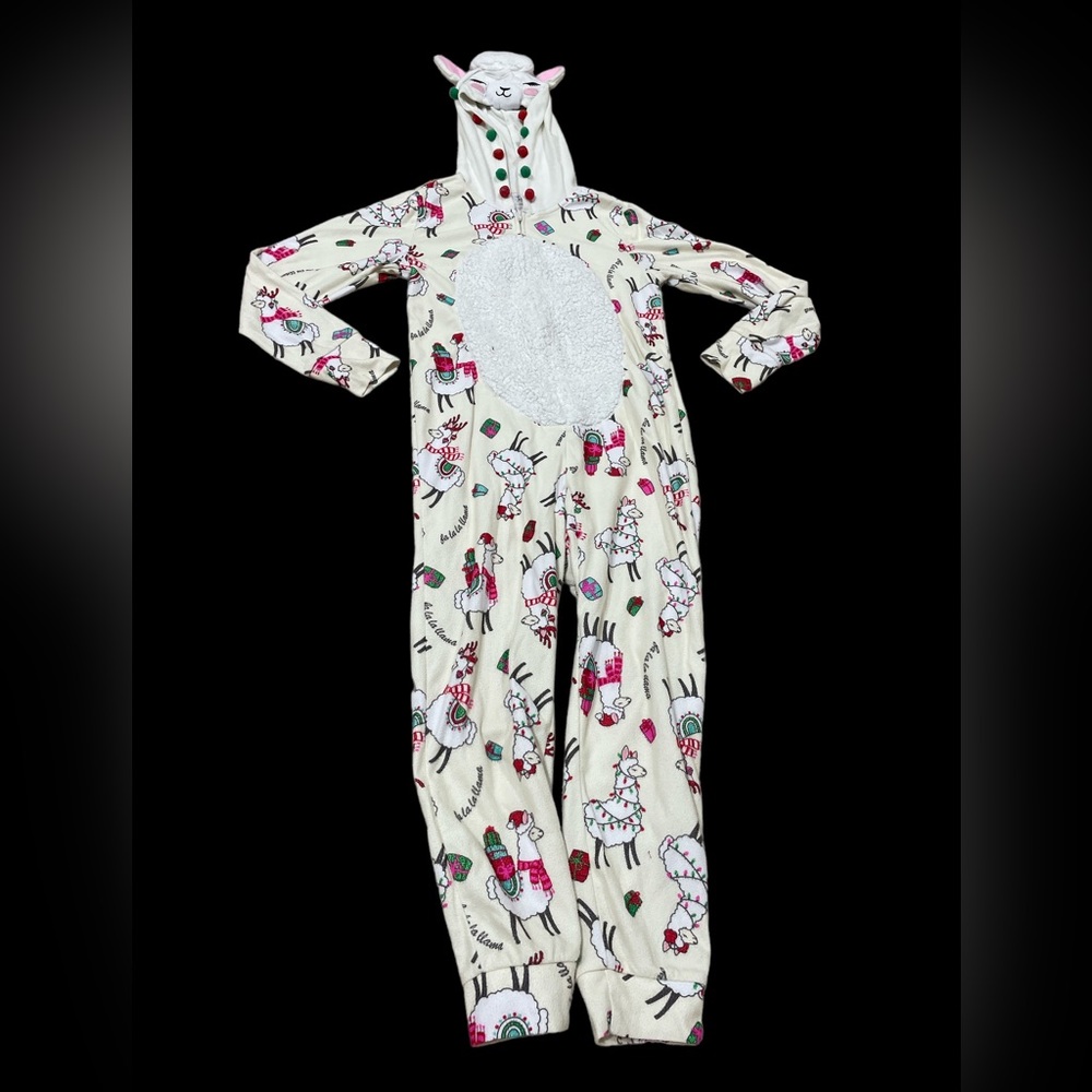 Justice llama Christmas onesie hooded zip pajamas pjs soft fleece Pom Poms 8